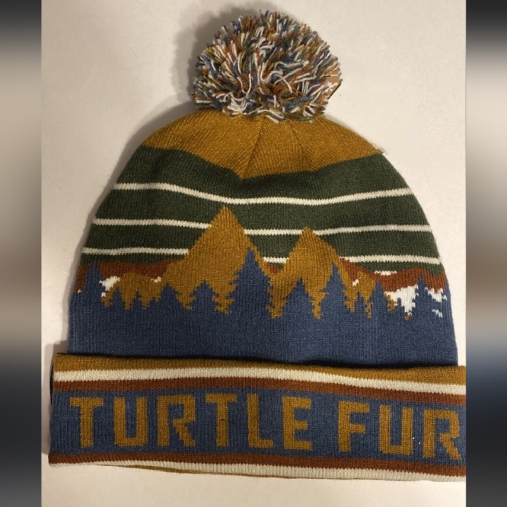 TurtleFur Striped Forest Mountain Scene Pom Beanie Winter Hat Adult Unisex Hat